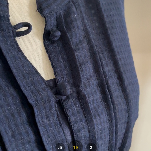 Navy blue mini check covered button blouse mandarin collar - Picture 3 of 12